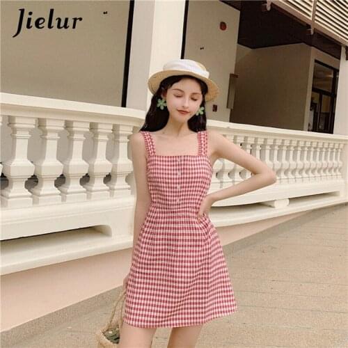 Jielur Plaid Dress Summer Korean A-line Dresses Hipster Vestido Mujer Sexy Slim Button Chic Spaghetti Strap Women Dress S-L