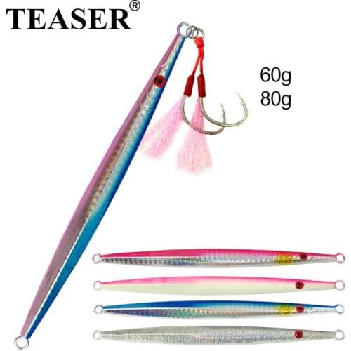 TEASER 60g 80g Fast Falling Sinking Jig Lure Hard Metal Lead Fishing Bait Saltwater Vertical Glow Jig Fishing Tackle With Hooks