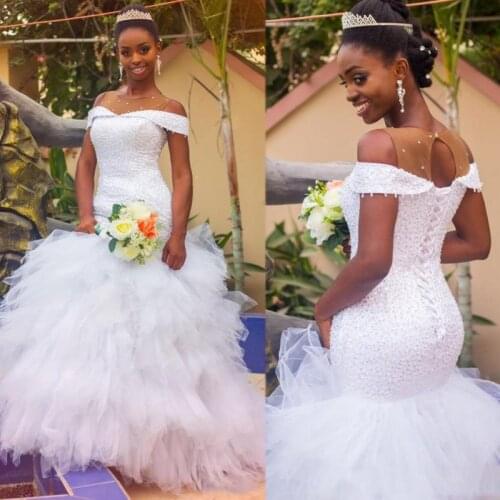 Luxury Off the Shoulder African Wedding Dresses with Full Beads Bodice Sweep Train Tulle Puffy Ruffles Bridal Gowns