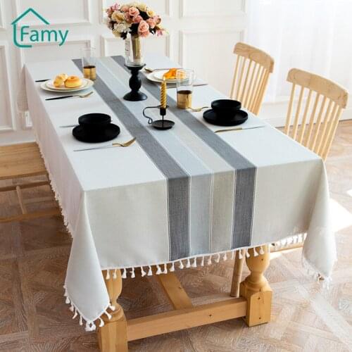 Tablecloth Rectangle Cotton Linen Fabric Tassel Striped Table Cover Cloth Coffee Table for Living Room Kitchen Dinning Party