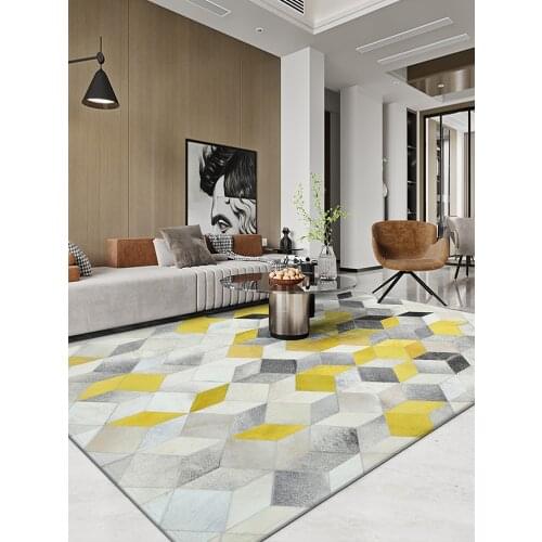 Modern Cowhide Carpet Yellow Square Stitching Bedroom Living Room Tea Table Carpet Geometric Design Handmade Rugs