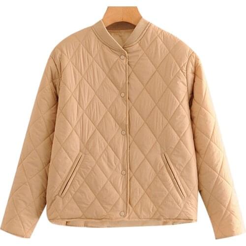 2021 New Women Fashion Argyle Loose Padded Jacket Coat Vintage Long Sleeve Side Pockets Female Outerwear Chic Tops