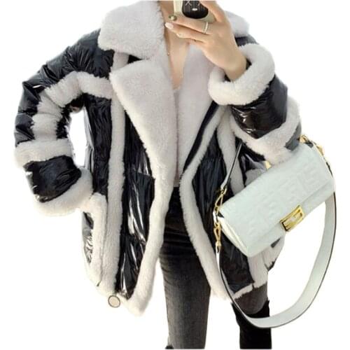 Women Glossy Down Jacket Winter Warm Parka Stitching Lamb Wool Fur Coats Female Thick Plus Size Loose White Duck Down Coat