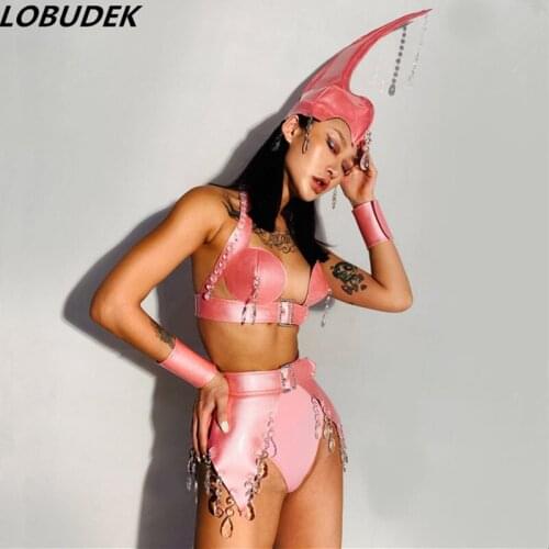 Women Pink Crystals Bikini Set Sexy Nightclub Bar Leading Performance Costume DJ Pole Dancing Stage Wear 6 Pieces Outfits