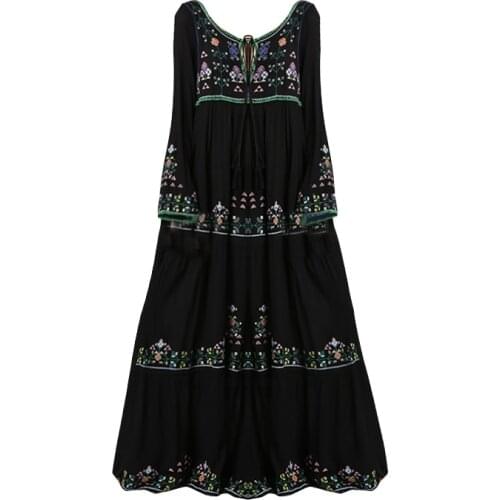 2021 Summer Korean Loose Long Sleeve Maix Dress Women Boho Beach Dresses Vintage Floral Embroidered Tassel Lace-up Long Vestidos