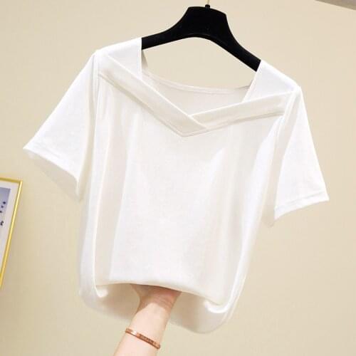 #0176 White Black Blue Apricot Short Sleeve T-shirt Women Summer Square Collar Casual Loose Tops Korean Style Clothes Fashion