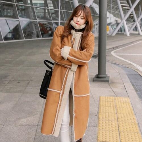 2020 winter women fake suede leather outerwear long faux lamb wool shearling coats patchwork loose plus size overcoat A181