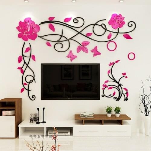 Rose vine Acrylic 3D Wall Stickers Living room Wedding room Wall Painting Decoration TV Background DIY art wall decor