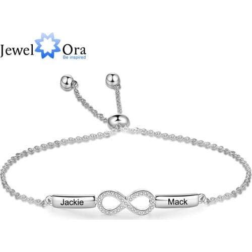 JewelOra Personalized Infinity Bracelets Engraving 2 Names Sliver Color Adjustable Chain Fashion Bangles Wedding Gift for Women