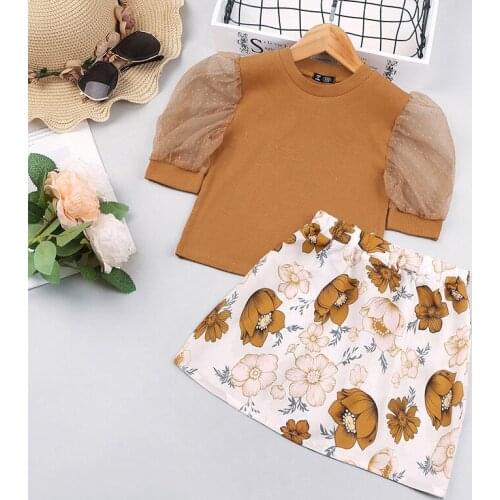 Kids Baby Girls Clothing Sets Summer Casual Puff Mesh Short Sleeve Top + Floral Short Skirt Childrens Cotton Suit 2Pcs Outfits