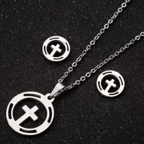 Stainless Steel Christian Cross Necklace Pendant Classic Jesus Cross Stud Earrings Women Jewelry Set Easter Day Gift