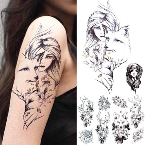 Fox Sexy Girl Wolf Temporary Tattoos For Women Adults Fake Elk Cat Flower Tattoo Sticker Black Animal Forearm Tattos Waterproof