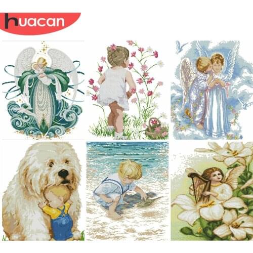 HUACAN Cross Stitch Girl Kits DIY Cross-Stitch Figure White Canvas Embroidery Needlework Sets 11CT 14CT Gift Home Decoration