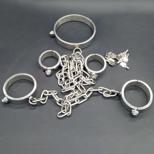 Stainless Steel Slave Collar Metal Chain Ankle Hand Cuffs Adult Game BDSM Bondage Torture Sex Toys For Couples Fetish Restraints