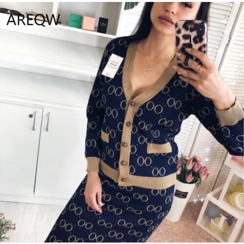 Women Winter Knitted Suit Two-piece Knitted Cardigan Jacket + Western Fashion Skirt Female Suit/Sets