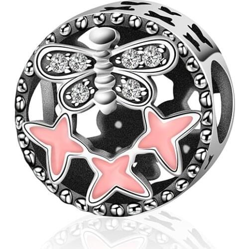 New 100% 925 Sterling Silver Round Hollow Charm Bracelet Carving Pink Butterfly Zircon Gift Beads for Wholesale Jewelry1861-1880