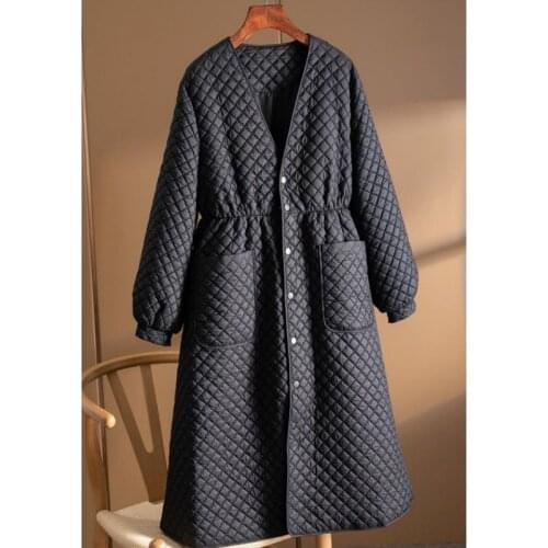 2021 winter new long coat women fashion casual diamond plaid V-neck tie waist robe style cotton-padded jacket