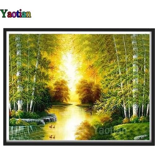 Full Square Round Diamond Painting Green tree forest lake scenery 5D DIY Diamond Embroidery Sale Mosaic Picture Of Rhinestone