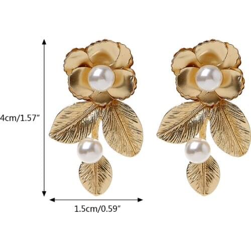 97QE Luxury Gold Tone Baroque Pearl Leaf Flower Royal Earrings Wedding Bridal Jewelry
