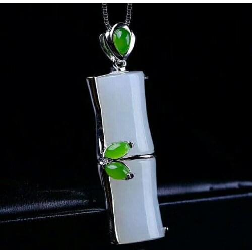 Silver 925 Jewelry Hetian Jade Pendants Women Jade Bamboo Pendant, Silver Jade Necklace