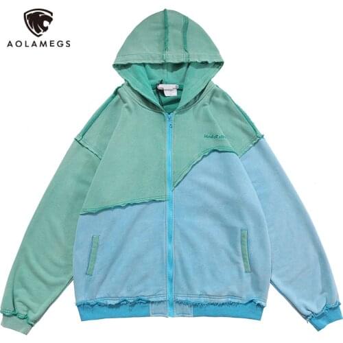 Aolamegs Patchwork Color Zipper Distressed Hoodie Men Casual Cozy Hooded Coats Harajuku High Street Sweatshirt Spring Streetwear