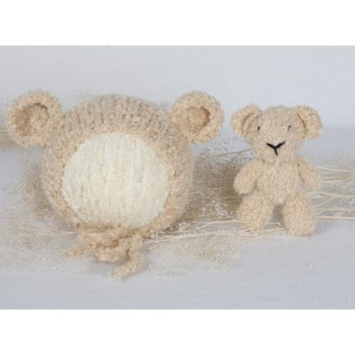 Knitted Teddy Bear Bonnet Amigurumi Toy Crochet Stuffed Bear Baby Props Knit Newborn Bonnet Porps Cute Teddy Photography Props