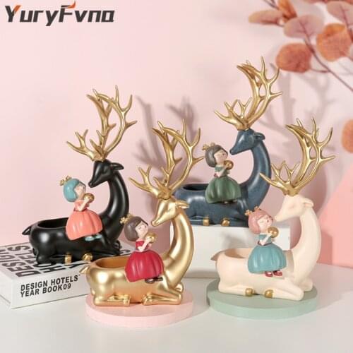 YuryFvna Creative Deer Statues Figurines Organizer Box Decorative Resin Crafts Desktop Deer Girl Storage Ornaments Home Decor