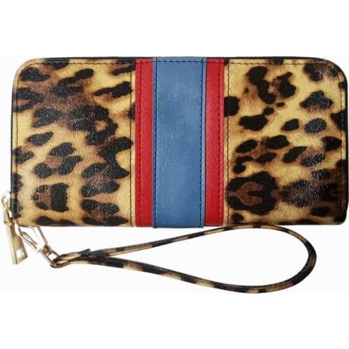 KANDRA Personalized Leopard Patchwork Long Wallet for Women with Removable Wristlet Strap Animal Print Zipper Purse Card Holder