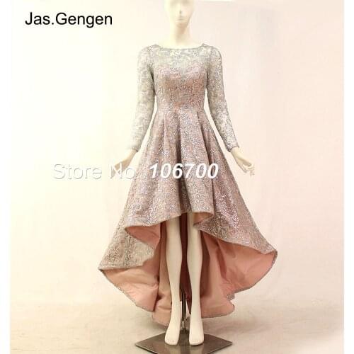 New High Low Glitter Fabric vestidos de fiesta Boat Neck Long Sleeves Sheer Illusion Prom Dresses vestido de noiva 919