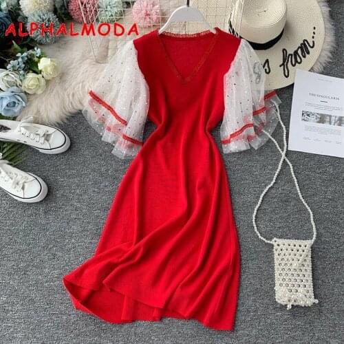 ALPHALMODA 2019 Summer Autumn Flare Lace Sleeve Patchwork Knitting Dress Sweet Girls Fairy Knit Vestidos Slim Fit Dress