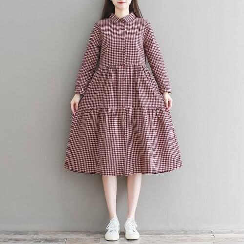 Women Dress 2021 Fashion Ruffled Check Mini Dress Vintage Three Quarter Sleeve Button-up Plaid Female Dresses Vestidos Mujer