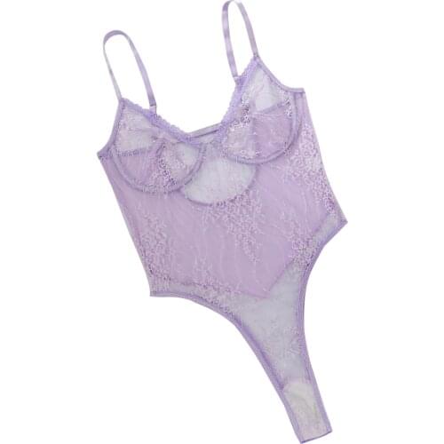 Women Sexy Lace Lingerie, Spaghetti Strap Sheer Mesh One Piece Babydoll Mini Bodysuit