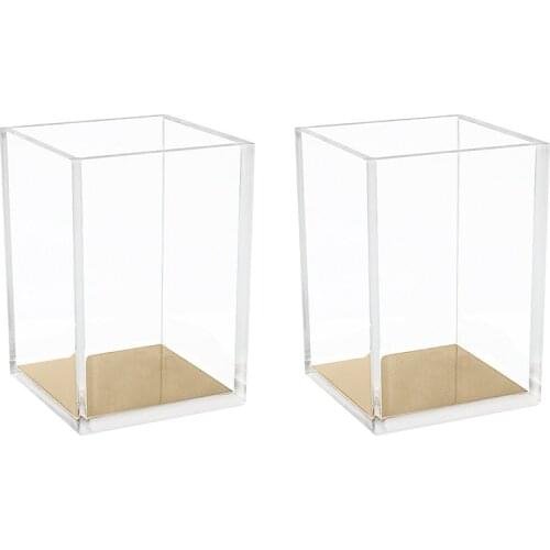 2 Packs Acrylic Pencil and Pen Holder Gold Desktop Stationery Organizer Office Desk Accessory Makeup Brush Storage Brush Bucket