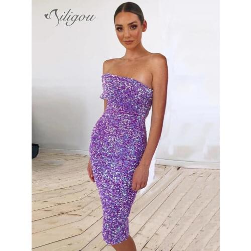 Ailigou 2021 New Fashion Sexy Violet Black Sequined Skinny Womens One Shoulder Sleeveless Mid-length Celebrity Party Dress