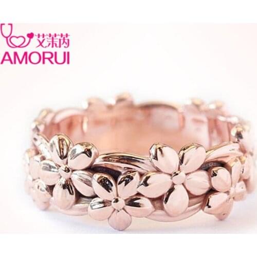 AMORUI Romantic Rose Gold Plum Blossom Flower Marriage/Engagement Rings For Women Jewelry Gift Fashion Garland Ring Dropshipping