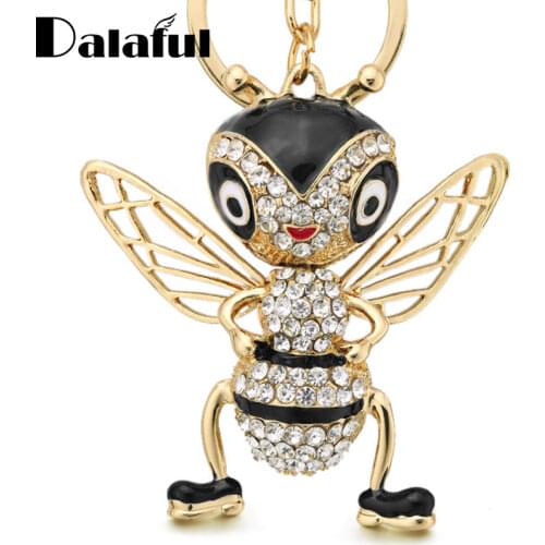 Dalaful Crystal Bee Keychains Keyrings Enamel Trinket Creative Insects Key Ring Chain for Women Bag Pendant Jewelry Gift K367