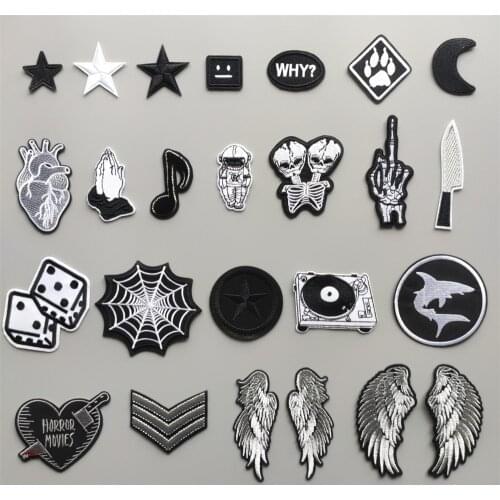 Black and White Pentagram Embroidery Patches for Jacket Iron on Transfer Stripes Appliques Clothes Stickers Clothing Wing Badges