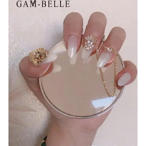 GAM-BELLE False Nail Luxury Skeleton Rhinestone Full Cover Ellipse Shape Press On Nail Tip Fake Nails with Glue Manicure Tool