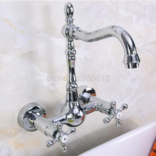 Chrome Wall Mount Double Handle Bathroom Faucet Vanity Vessel Sinks Mixer Tap Cold And Hot Water Tap tnf969