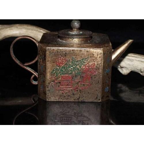 Exquisite ancient Chinese copper painted color octagonal small water drop small hip flask