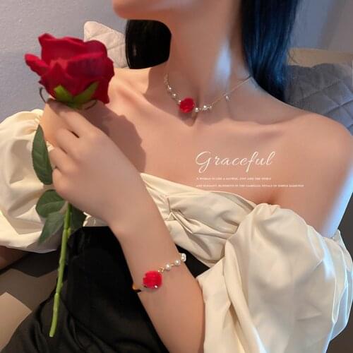 Korean fashion girl jewelry summer new pearl red rose flower necklace high sense temperament engagement party chocker for women