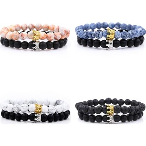 2019 Fashion 2Pcs/Sets Natural Stone Bead Crown Charm Bracelet Sets Men Women Strand Bracelet Handmade Wristband Jewelry Gifts