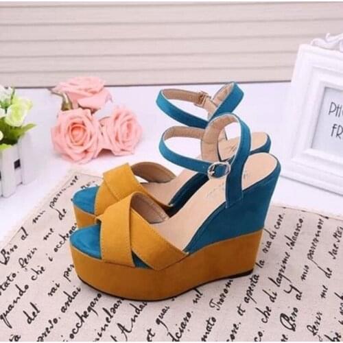 Trendy Color Matching Word Buckle Wedge Heel Ladies Sandals Summer Elegant Temperament High Heels Waterproof Platform