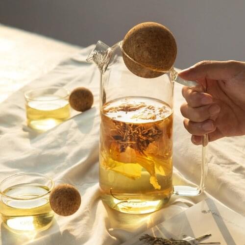 Glass Teapot Cup Set Water Jug Wooden Lid Water Kettle Fruit Juice Pot Transparent Drinkware Home Kitchen Tool Clear Tea Pot Cup