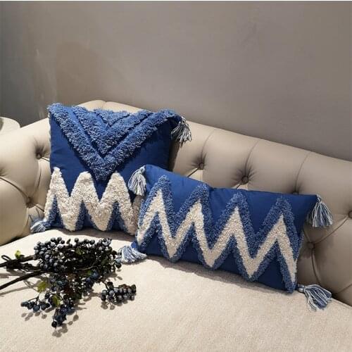 Navy Blue Cushion Cover Pillow Case Zigzag Tufted Handmade For Sofa Seat Tassles Home Decorative Canvas 45x45cm