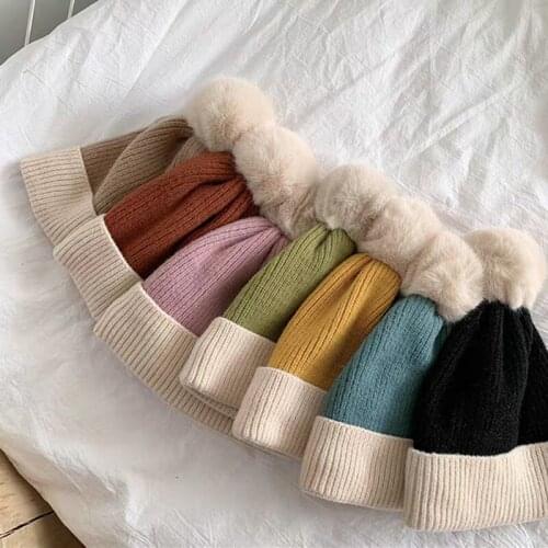 New Women Winter Bonnet Soft Thick Fleece Lined Dual Layer Knitted Beanie With Faux Fur Pom Pom Hats Fashion Outdoor Sports