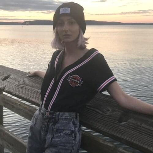 B-TOTO Retro Black Striped Short-sleeved T-shirt Ins Trendy Loose V-neck Thin Cardigan Top 2021 New Fashion