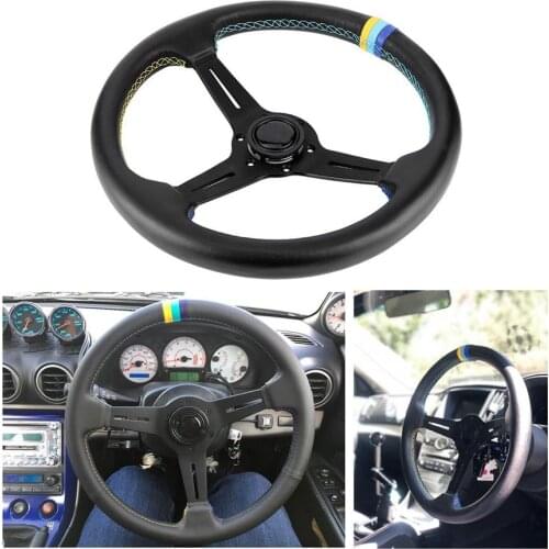 Steering Wheels 350mm/14in for GReddy Style 6-Bolt Half Dish Black Leather Racing Steering Wheel W/ Horn Black Leather+ Aluminum
