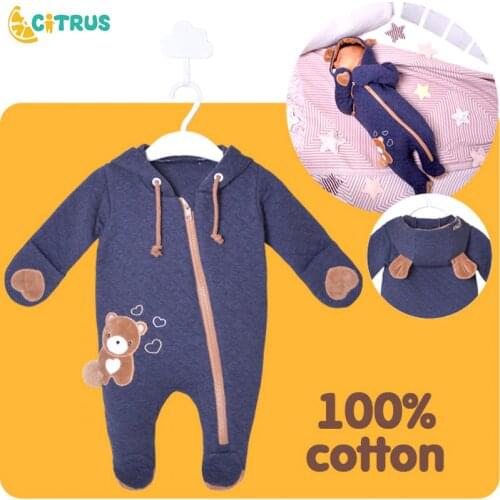 CITRUS Baby Romper Boy Girls Jumpsuit Cartoon Bear Patten 100% Cotton Costume Blue Plain 3 6 9 12 M Newborn Boy Girl Clothes