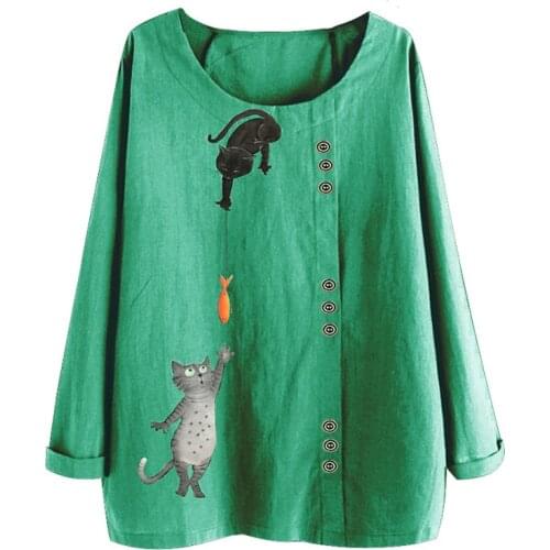 Harajuku Kawaii T Shirt Women Autumn Cute Funny Cats Fish Pattern Cotton Linen Tees Tops Long Sleeve Button Tshirt Plus Size 5XL
